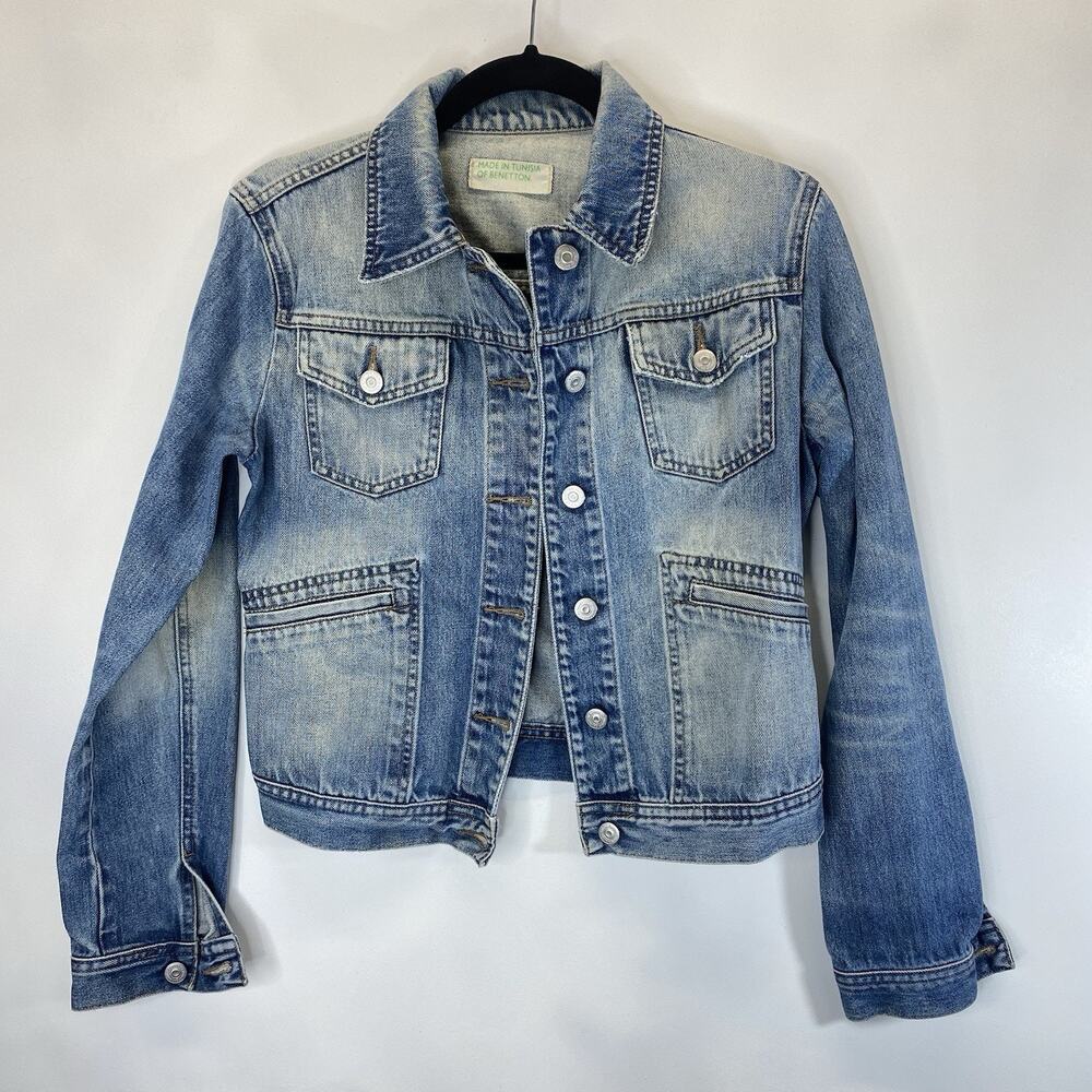 Vintage Benetton Denim Jacket – Size S – Y2K Distressed Blue Jean Trucker Style